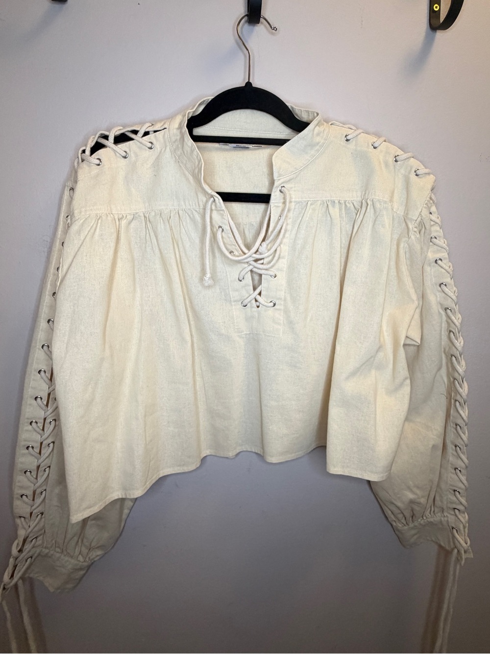 Re/Done Ivory Lace-Up Peasant Blouse